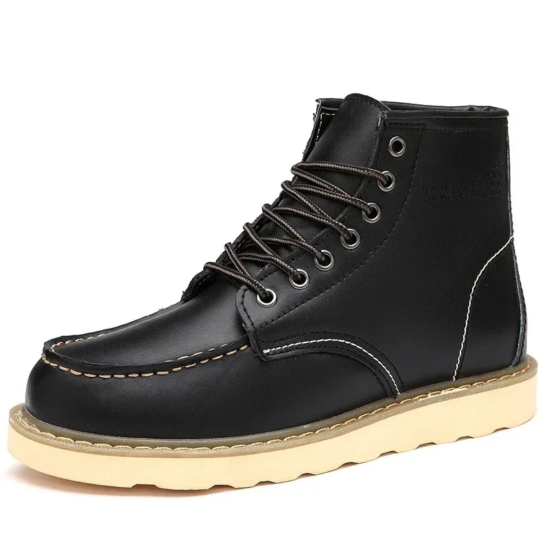Botas de nieve de cuero para hombre con forro de piel, diseño hidrófugo y cordones – Cálidos botines de invierno con suela antideslizante para días fríos y actividades al aire libre