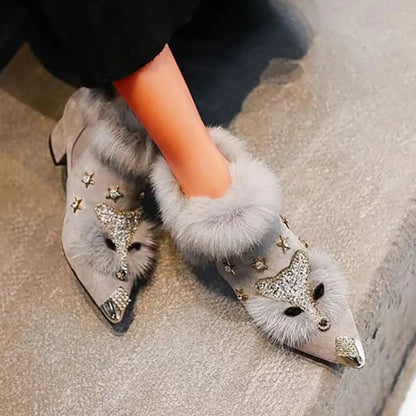 Botines de piel sintética para mujer con pedrería, puntera en punta y tacón de bloque – Elegantes botas de invierno para fiestas, veladas y ocasiones especiales