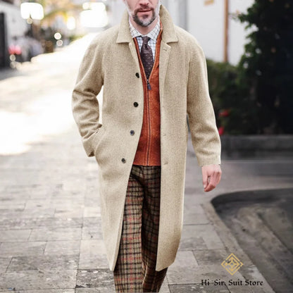 Męski długi płaszcz w jodełkę z domieszką wełny i dopasowanym krojem – elegancki płaszcz zimowy w stylu business casual na formalne okazje