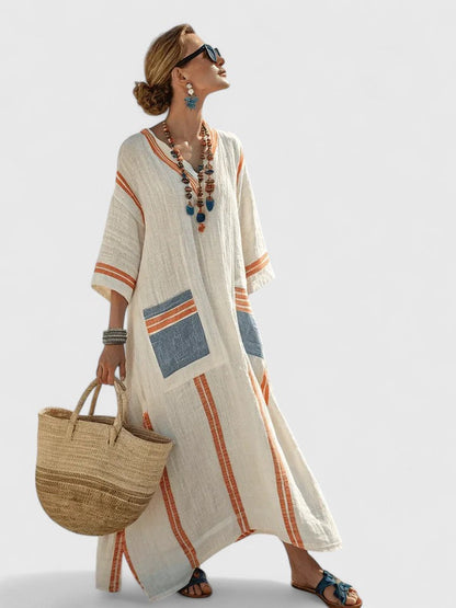 Women's Oversized Striped Kaftan Dress with V-Neck – Loose Maxi Dress for the Beach, Vacations, Summer, Leisure, and Everyday Wear