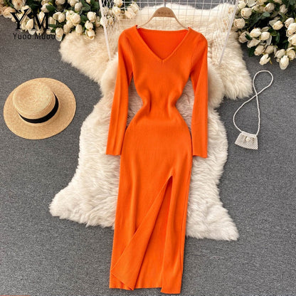 Dame Strikket Maxikjole – Stretch Bodycon Stil Med Høj Slids Til Efterår Og Vinter