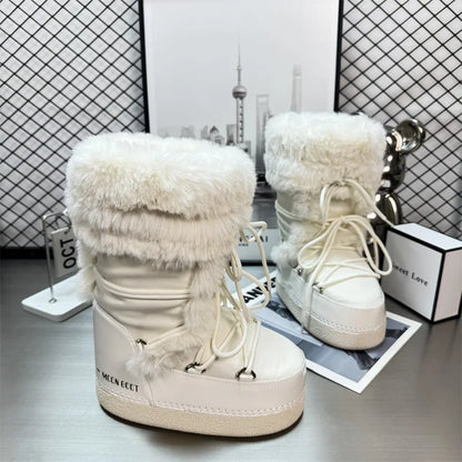 Botas de nieve impermeables para mujer con detalles de felpa, cordones y suela gruesa con dibujo – botas de invierno cálidas para días fríos, uso diario y actividades al aire libre