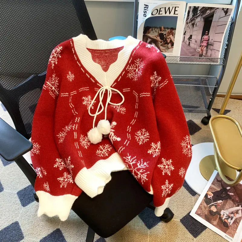 Pulover de Crăciun pentru femei, cu decolteu în V, pompoane și șnururi - tricot festiv pentru iarnă, Crăciun, ținute de zi cu zi și petreceri de Crăciun