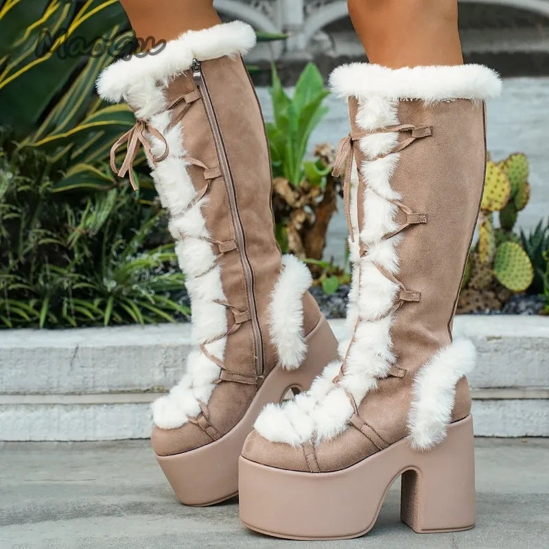 Botas de nieve de ante hasta la rodilla para mujer con forro de felpa, suela de plataforma y cordones – Cálidas botas de invierno con tacón de bloque para días fríos y actividades al aire libre