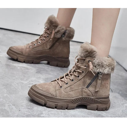 Botas de nieve de cuero auténtico para mujer con forro de felpa, cordones y suela gruesa con dibujo – Cálidos botines de invierno con diseño antideslizante para días fríos y actividades al aire libre