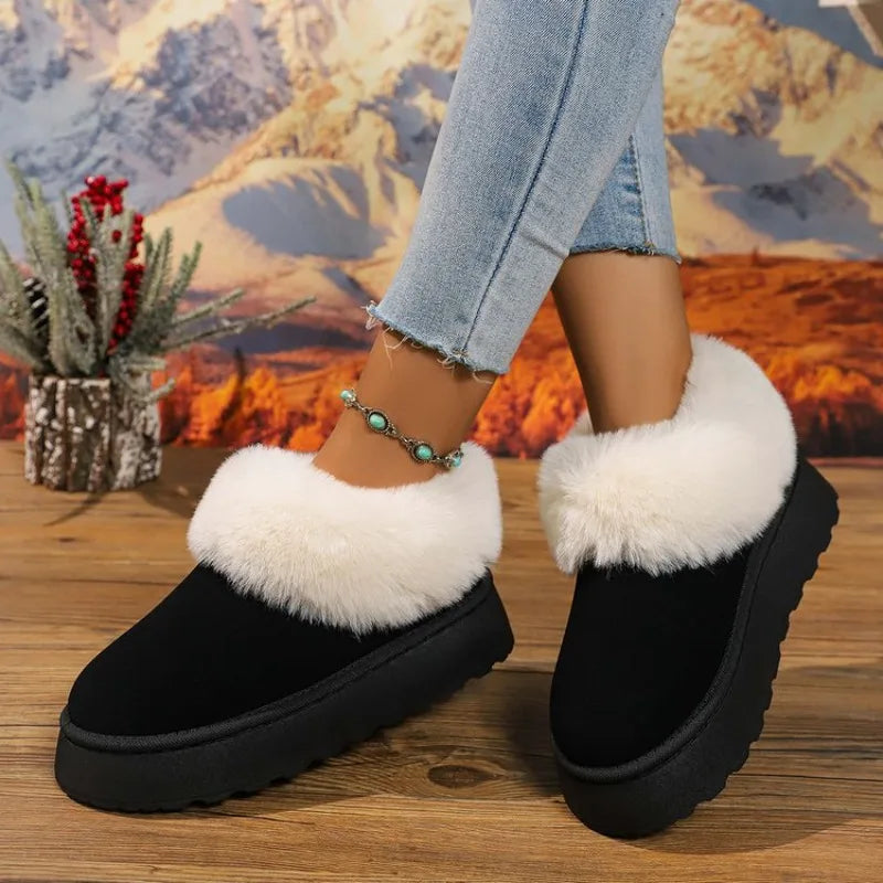 Botas de nieve para mujer de ante sintético con forro de felpa, diseño sin cordones y suela gruesa antideslizante – botines de invierno cálidos para días fríos, uso diario y actividades al aire libre