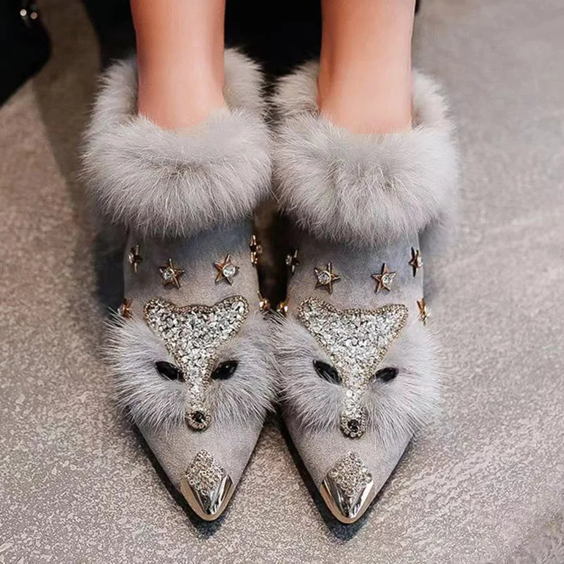 Botines de piel sintética para mujer con pedrería, puntera en punta y tacón de bloque – Elegantes botas de invierno para fiestas, veladas y ocasiones especiales