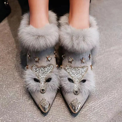 Botines de piel sintética para mujer con pedrería, puntera en punta y tacón de bloque – Elegantes botas de invierno para fiestas, veladas y ocasiones especiales