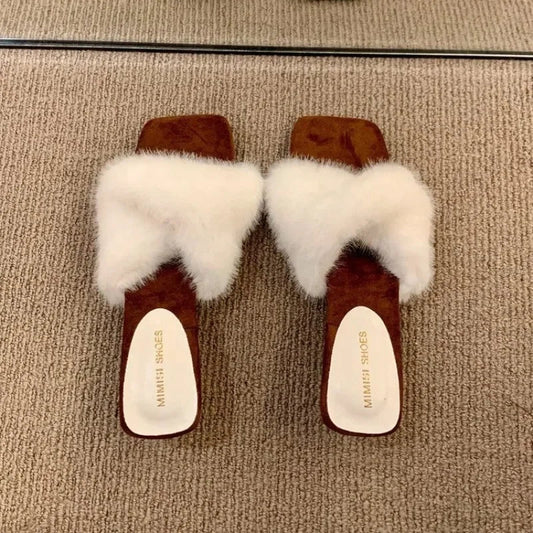 Women's faux fur heeled slippers with crisscross straps and open toe - elegant mule sandals with block heel for parties, evening wear, and special occasions