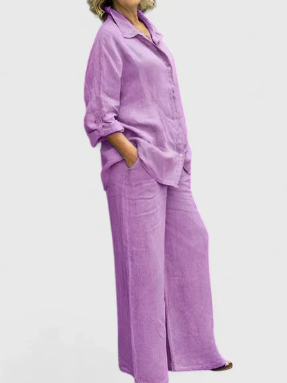 Conjunto de lino para mujer con camisa informal y pantalones de pernera ancha – Conjunto veraniego transpirable de 2 piezas para vacaciones, tiempo libre, uso diario y estilo informal elegante