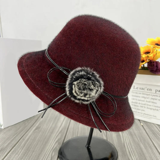 Women's cloche winter hat in a wool blend with a dome-shaped brim and flower bow - elegant vintage hat for autumn, winter and everyday wear