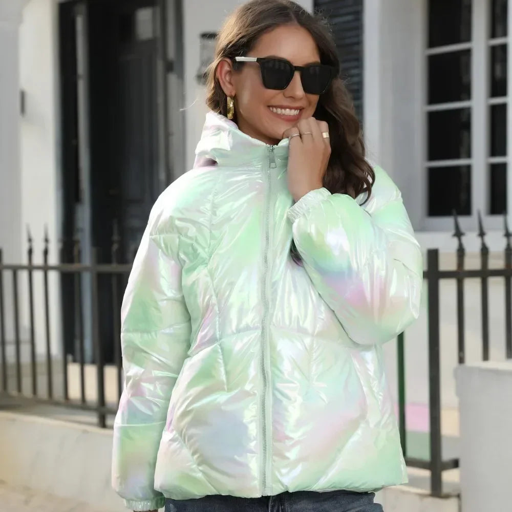 Women's Metallic Puffer Jacket – Stylish Winter Outerwear for Cold Days, Everyday Wear, Leisure, and Outdoor Use