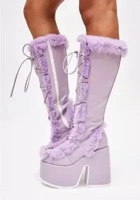 Botas de nieve de piel sintética para mujer con suela de plataforma, cordones y cierre lateral – Botas de invierno hasta la rodilla para días fríos, uso diario y actividades al aire libre