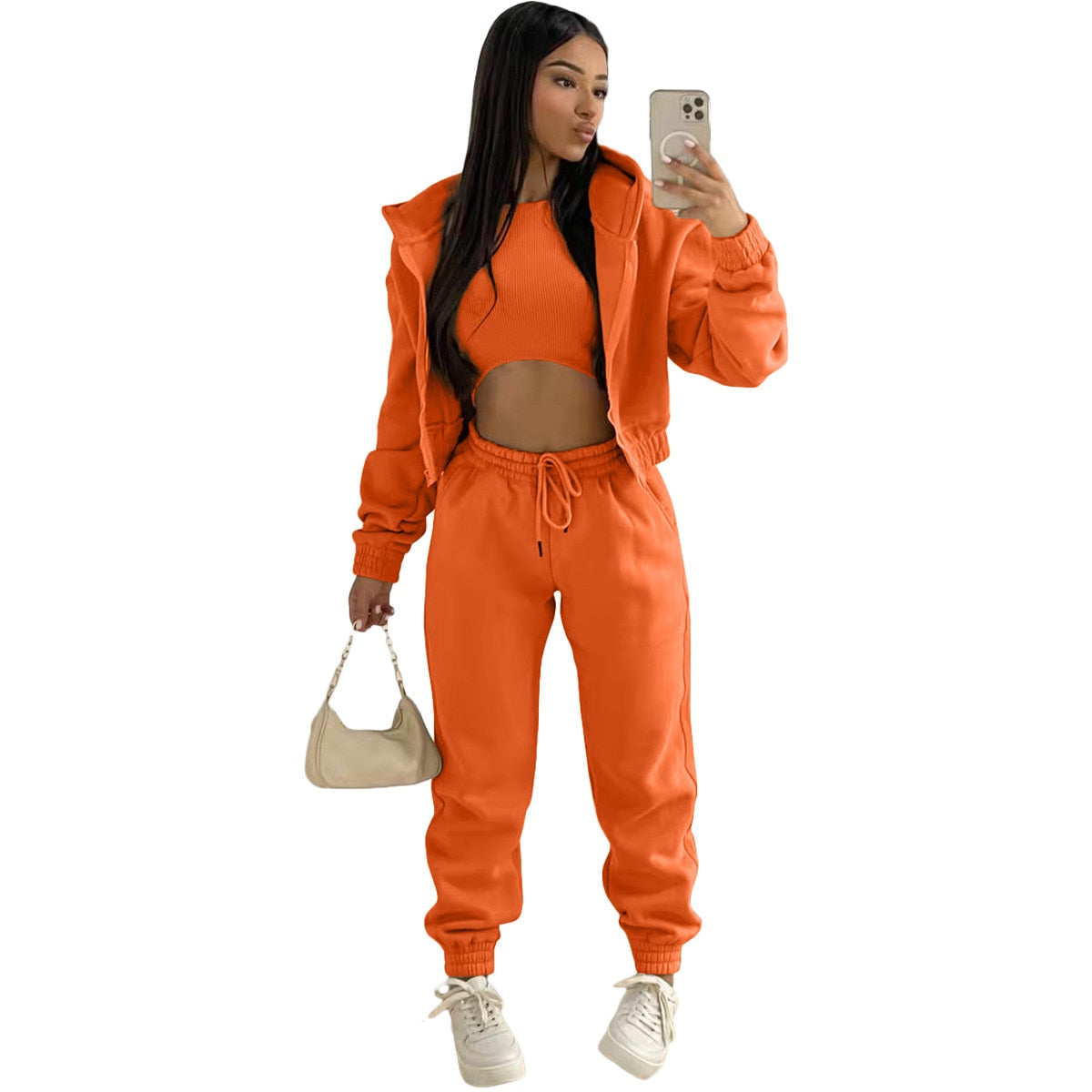 Conjunto deportivo de 3 piezas para mujer con top corto, chaqueta con capucha y joggers – Conjunto abrigado para otoño, invierno, tiempo libre y uso diario