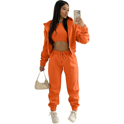 Conjunto deportivo de 3 piezas para mujer con top corto, chaqueta con capucha y joggers – Conjunto abrigado para otoño, invierno, tiempo libre y uso diario