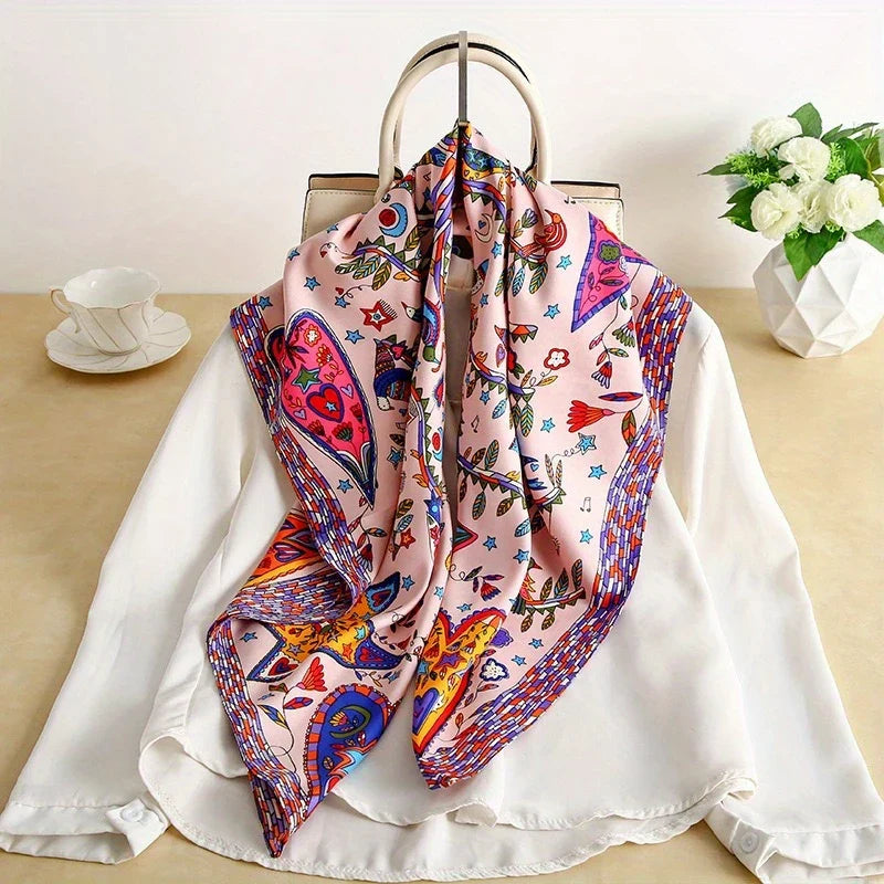 Dame Let Firkantet Tørklæde Med Satin-følelse Og Print – Elegant Tørklæde Til Hår, Hals Og Alsidig Styling Året Rundt