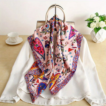 Dame Let Firkantet Tørklæde Med Satin-følelse Og Print – Elegant Tørklæde Til Hår, Hals Og Alsidig Styling Året Rundt