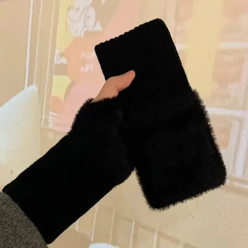 Guantes de invierno suaves sin dedos para mujer, de piel sintética - cálidos calentadores largos de muñeca para días fríos, uso diario y tiempo libre