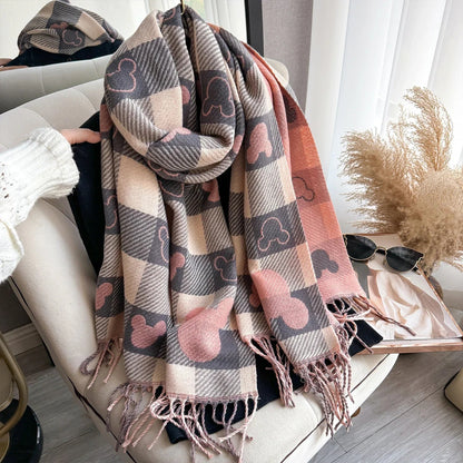 Dame Tykt Vinterhalstørklæde I Cashmere Med Print Og Frynser – Varmt Og Elegant Tørklæde Til Kolde Dage, Hverdagsbrug Og Vinterstil