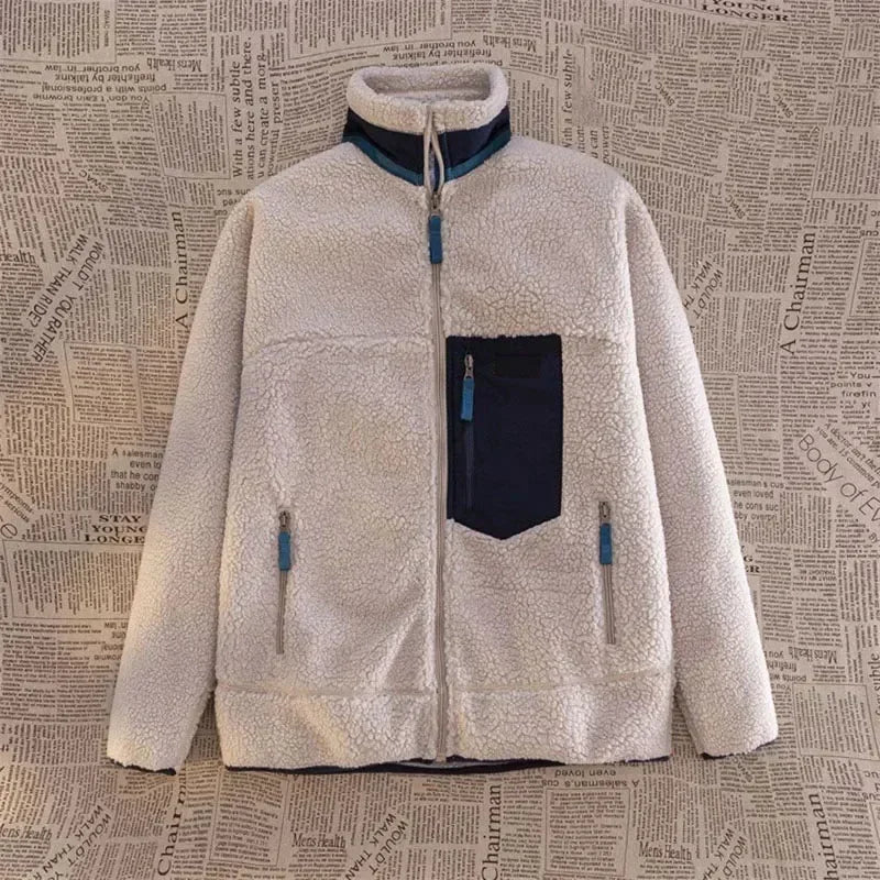 Jachetă bărbătească din fleece Sherpa, cu croială lejeră și fermoar – haină călduroasă cu buzunar practic la piept pentru toamnă, iarnă și purtare zilnică