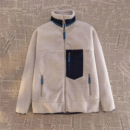 Jachetă bărbătească din fleece Sherpa, cu croială lejeră și fermoar – haină călduroasă cu buzunar practic la piept pentru toamnă, iarnă și purtare zilnică