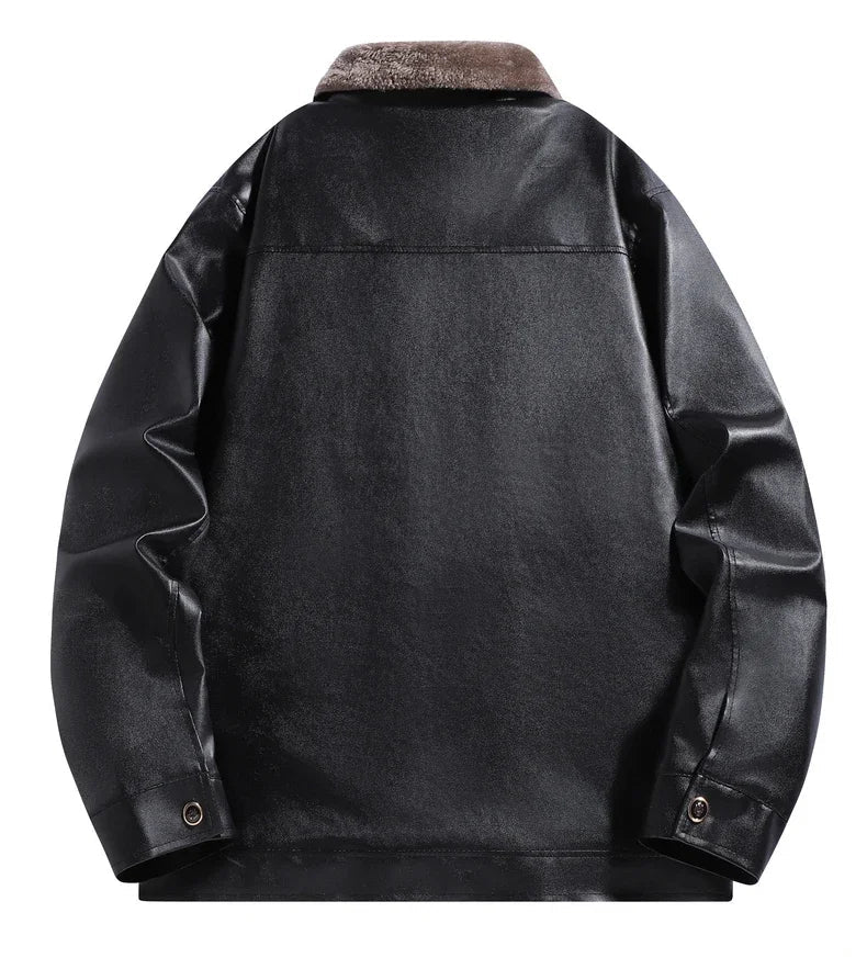 Chaqueta de cuero para hombre, forrada de forro polar, con diseño motero retro y cuello plegado - Chaqueta cálida para otoño, invierno, uso diario y tiempo libre