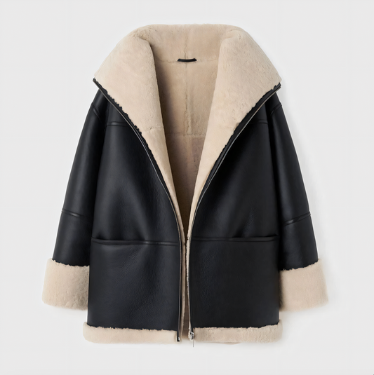 Palton oversized de damă din piele artificială, cu căptușeală shearling și fermoar - îmbrăcăminte de iarnă călduroasă pentru zile reci, uz zilnic și stil smart casual