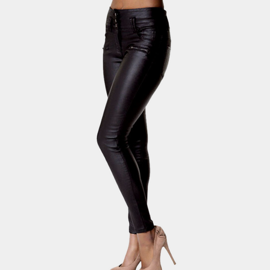 Dame Højtaljede Skinny Bukser I Læderlook Med Strækbar Pasform Og Blank Overflade – Elegante Bukser Til Aftenbrug, Fester Og Stilfulde Outfits