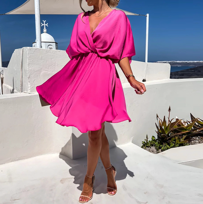 Women's draped V-neck mini dress – An elegant and flared design for summer, parties, vacations, and special occasions