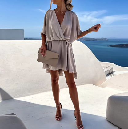 Women's draped V-neck mini dress – An elegant and flared design for summer, parties, vacations, and special occasions
