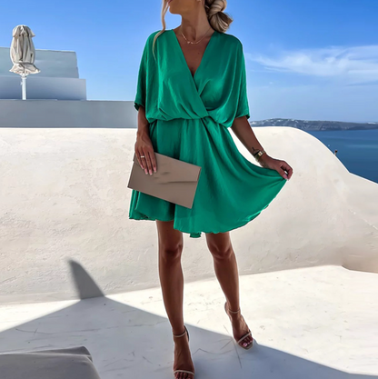 Women's draped V-neck mini dress – An elegant and flared design for summer, parties, vacations, and special occasions