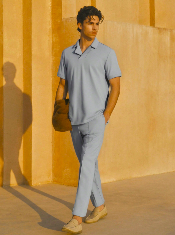 Herre Minimalistisk 2-delt Sommersæt Med Poloskjorte Og Tapered Bukser – Let Outfit Til Ferie, Hverdagsbrug, Fritid Og Smart Casual Stil