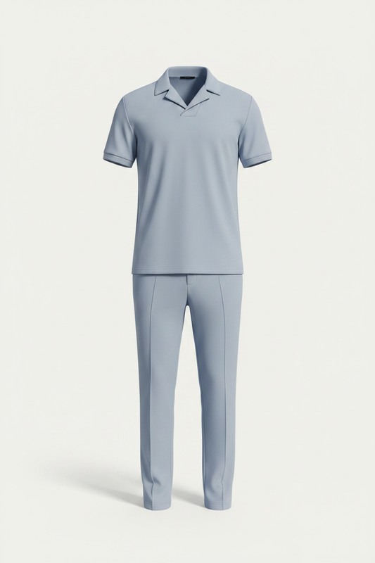 Set bărbătesc minimalist de vară, din 2 piese, cu tricou polo și pantaloni conici – ținută lejeră pentru vacanță, purtare zilnică, timp liber și stil smart casual