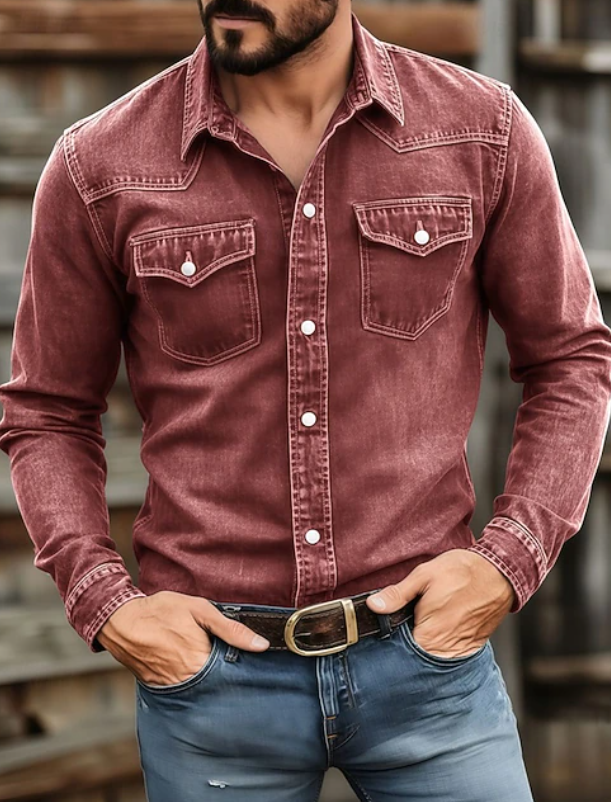 Cămașă din denim pentru bărbați, inspirată de stilul western, cu aspect prespălat, mâneci lungi și două buzunare la piept – cămașă casual, pentru ținute elegante de zi cu zi