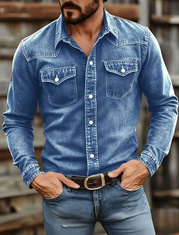Cămașă din denim pentru bărbați, inspirată de stilul western, cu aspect prespălat, mâneci lungi și două buzunare la piept – cămașă casual, pentru ținute elegante de zi cu zi