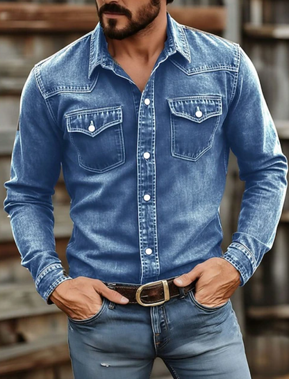 Cămașă din denim pentru bărbați, inspirată de stilul western, cu aspect prespălat, mâneci lungi și două buzunare la piept – cămașă casual, pentru ținute elegante de zi cu zi