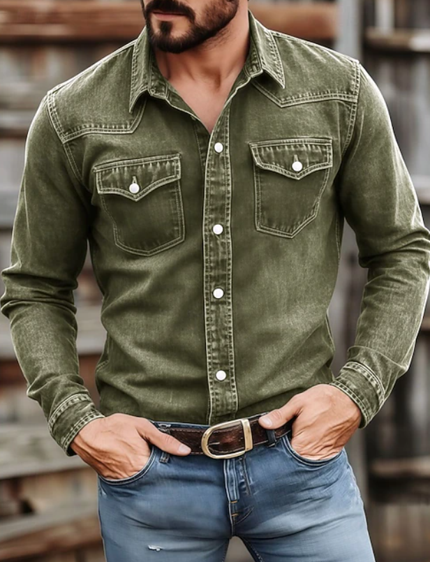 Cămașă din denim pentru bărbați, inspirată de stilul western, cu aspect prespălat, mâneci lungi și două buzunare la piept – cămașă casual, pentru ținute elegante de zi cu zi