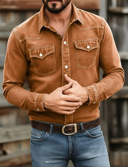 Cămașă din denim pentru bărbați, inspirată de stilul western, cu aspect prespălat, mâneci lungi și două buzunare la piept – cămașă casual, pentru ținute elegante de zi cu zi