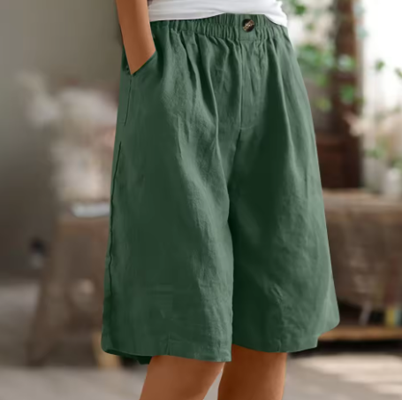 Dame Afslappede Bermuda-Shorts – Sommerstil med Vide Ben Elastisk Talje og Lommer