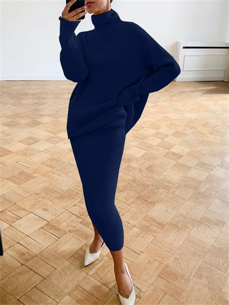 Women's Turtleneck Knit Set With Casual Long-Sleeve Sweater And Slim-Fit Midi Skirt - Elegant 2-Piece Set For Fall, Everyday Wear And Smart Casual Style