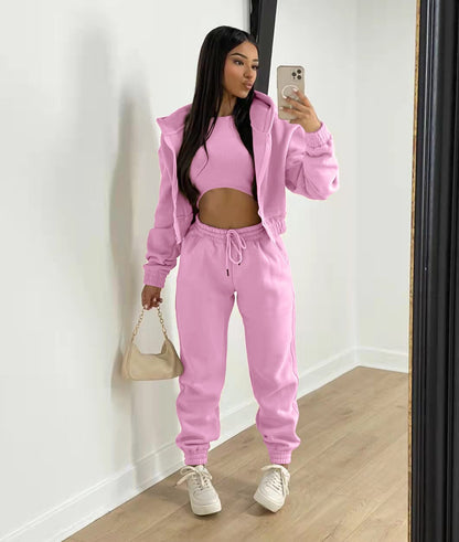 Conjunto deportivo de 3 piezas para mujer con top corto, chaqueta con capucha y joggers – Conjunto abrigado para otoño, invierno, tiempo libre y uso diario