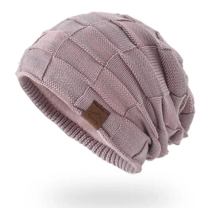 Dámská strukturovaná pletená čepice typu slouchy s pružností a ležérním patchworkovým designem - teplá zimní čepice na chladné dny, pro každodenní nošení a volný čas