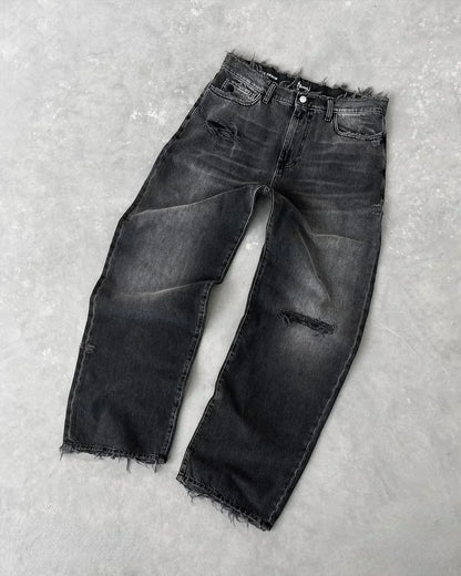 Vaqueros de pierna recta para hombre con denim lavado, detalles rasgados y bordes sin rematar - Vaqueros relajados para uso diario, ocio y estilo casual