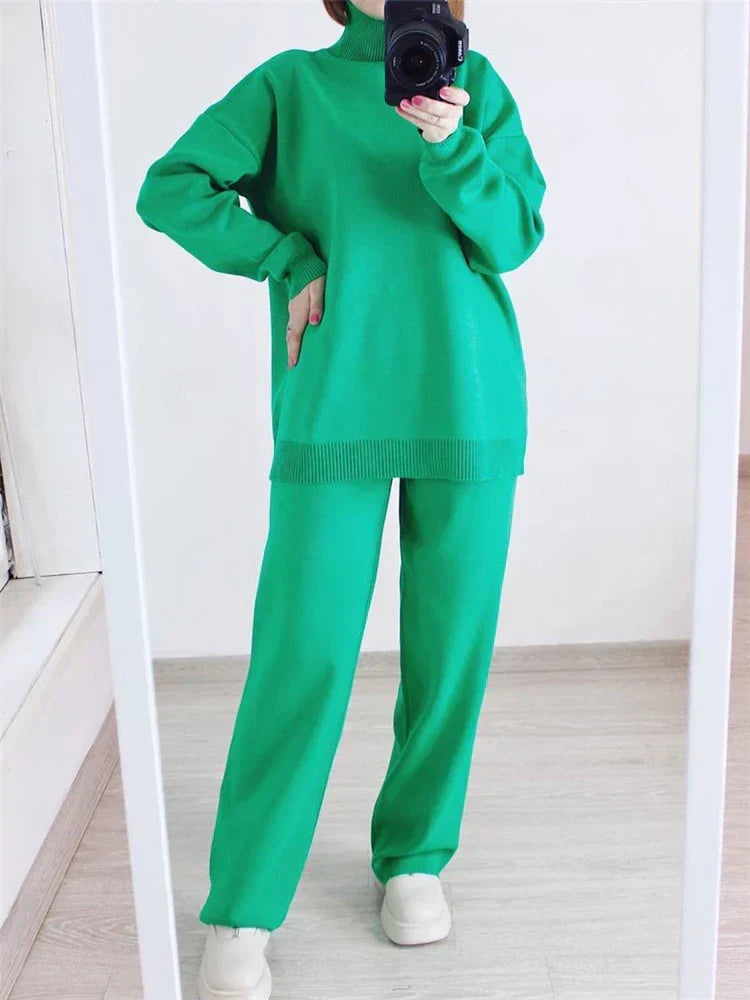 Conjunto de punto de 2 piezas para mujer con jersey largo de cuello alto y pantalones de pierna recta - conjunto informal para el día a día, el tiempo libre y la relajación