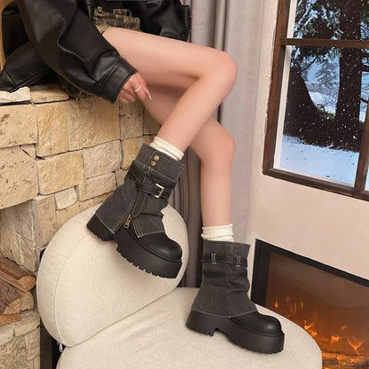 Botines para mujer con efecto cuero, correa con hebilla, suela de plataforma y cierre lateral – botas de invierno gruesas estilo combat para otoño, invierno y uso diario