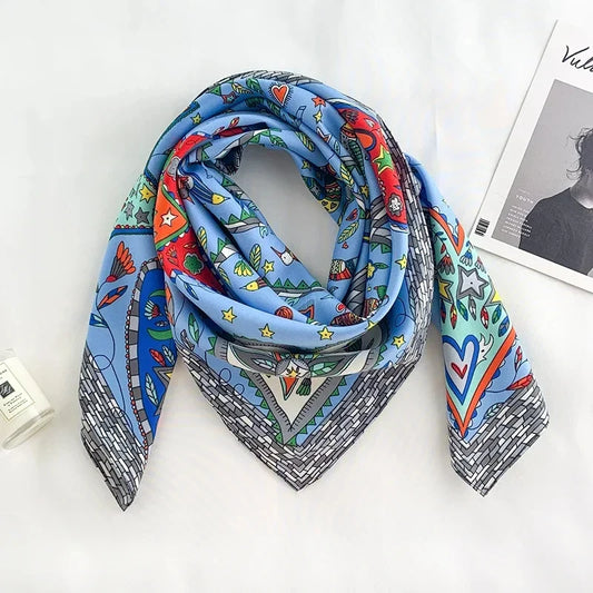 Women's Square Scarf in Soft Polyester with Print - Versatile Scarf for Hair, Neck, and Elegant Styling All Year Round