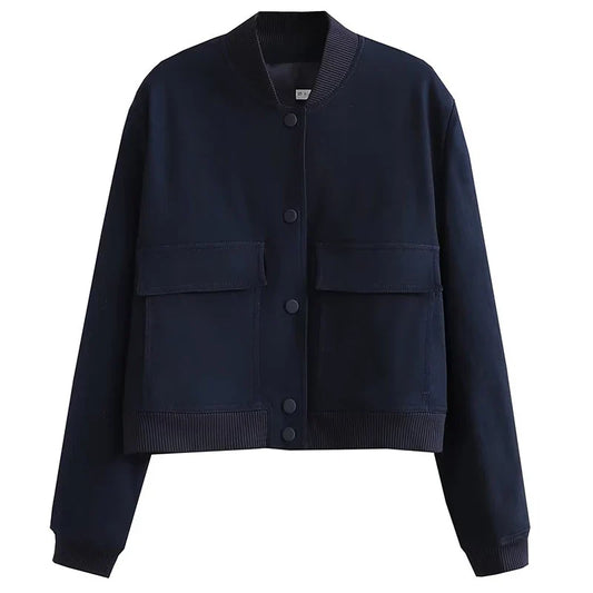 Women's Cropped Bomber Jacket with Relaxed Fit and Snap-Button Closure - Casual Transitional Jacket for Fall, Winter, and Everyday Use