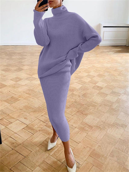 Women's Turtleneck Knit Set With Casual Long-Sleeve Sweater And Slim-Fit Midi Skirt - Elegant 2-Piece Set For Fall, Everyday Wear And Smart Casual Style