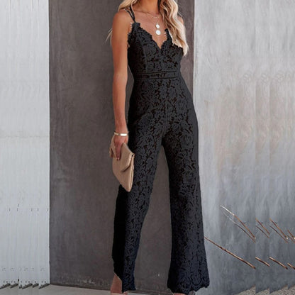 Mono de encaje para mujer con escote en V y piernas anchas - elegante conjunto de fiesta para veladas, bodas, fiestas y ocasiones especiales