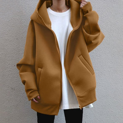 Dámská oversized mikinová bunda s kapucí a zipem – prostorná mikinová bunda pro chladné dny, každodenní nošení a ležérní vrstvený styling